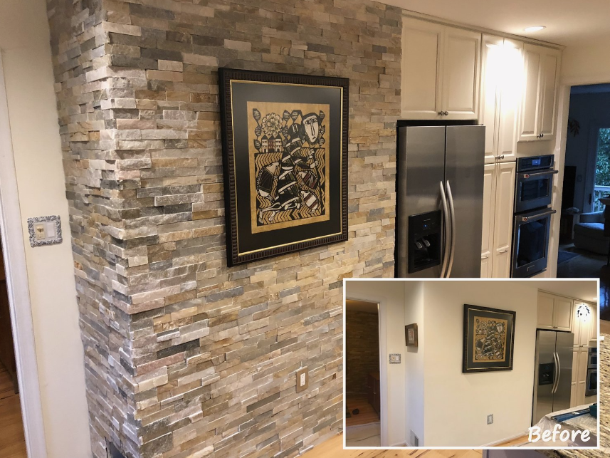A before and after photo of a kitchen with a stone wall and a stainless steel refrigerator.