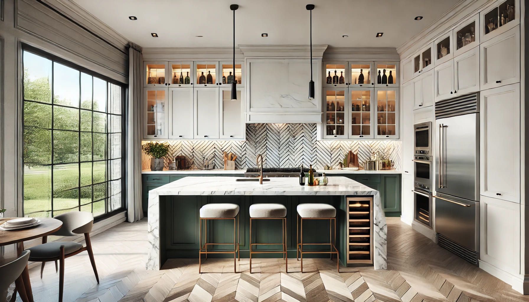 A kitchen with a large island and stools in NoVA