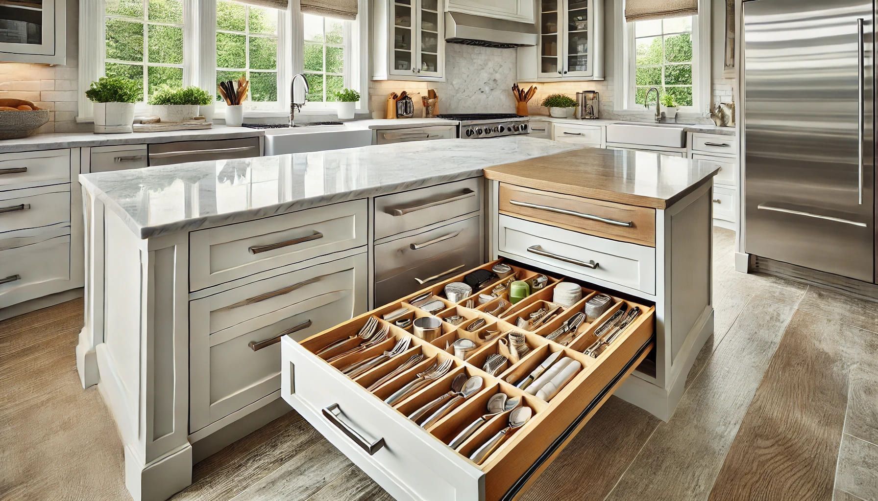 A kitchen with a large drawer filled with silverware in NoVa