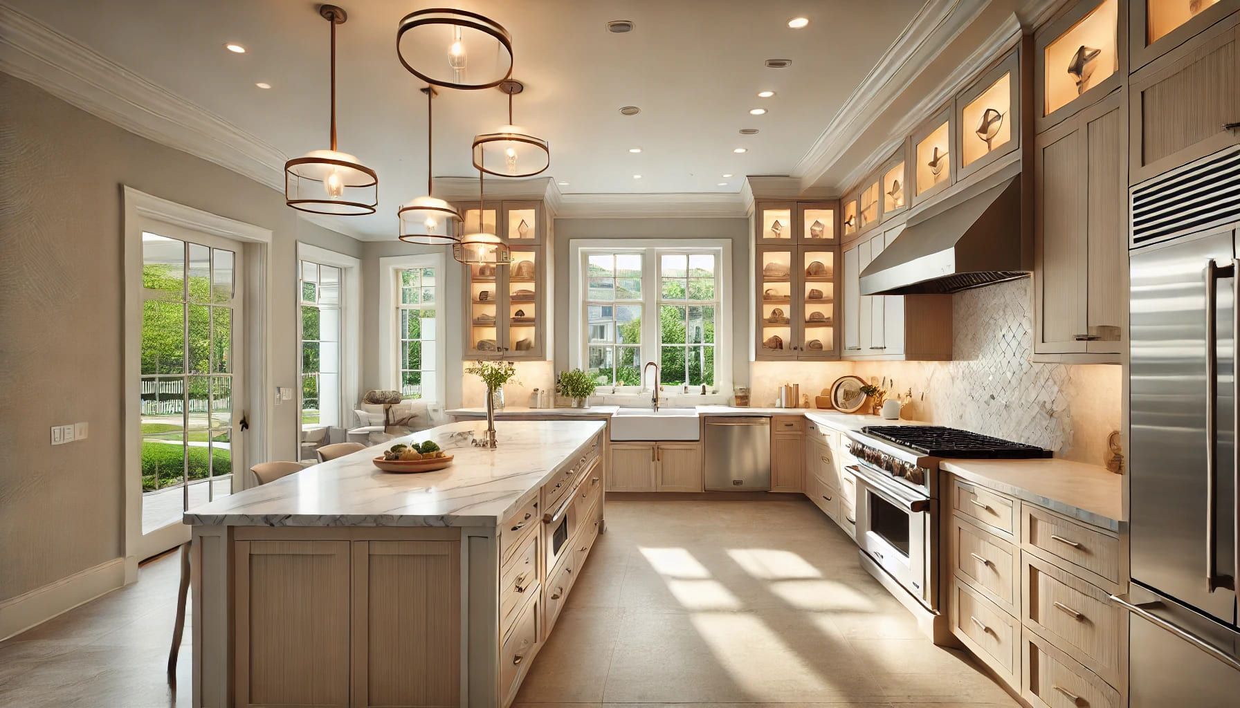 A large kitchen with stainless steel appliances and wooden cabinets in NoVA