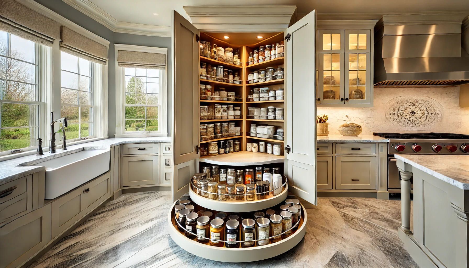 A kitchen with a round shelf full of spices in NoVA