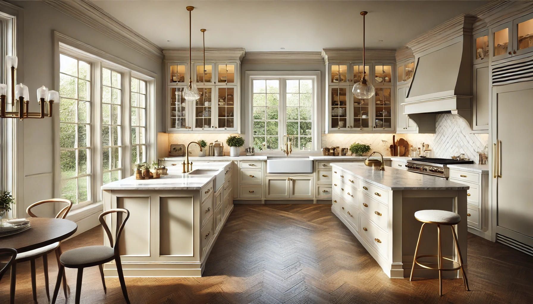 A kitchen with white cabinets and a large island in NoVA