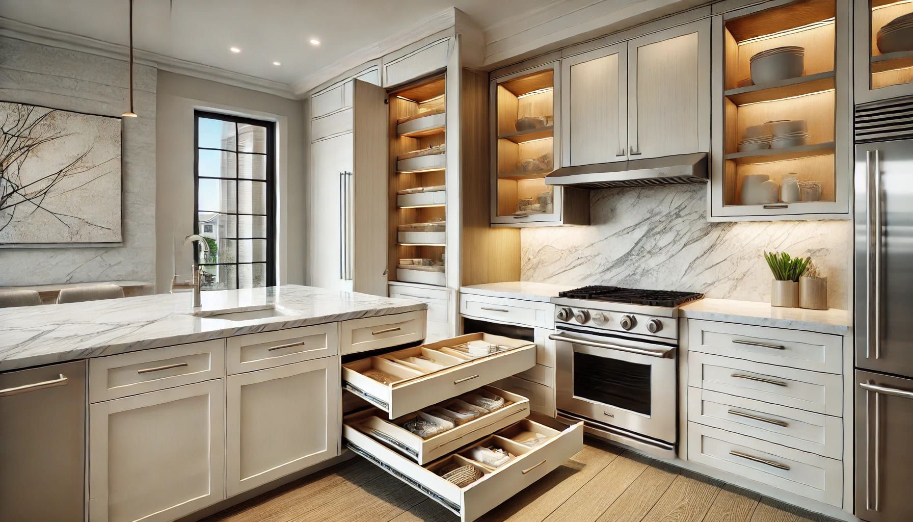 A kitchen with white cabinets and stainless steel appliances in NoVa