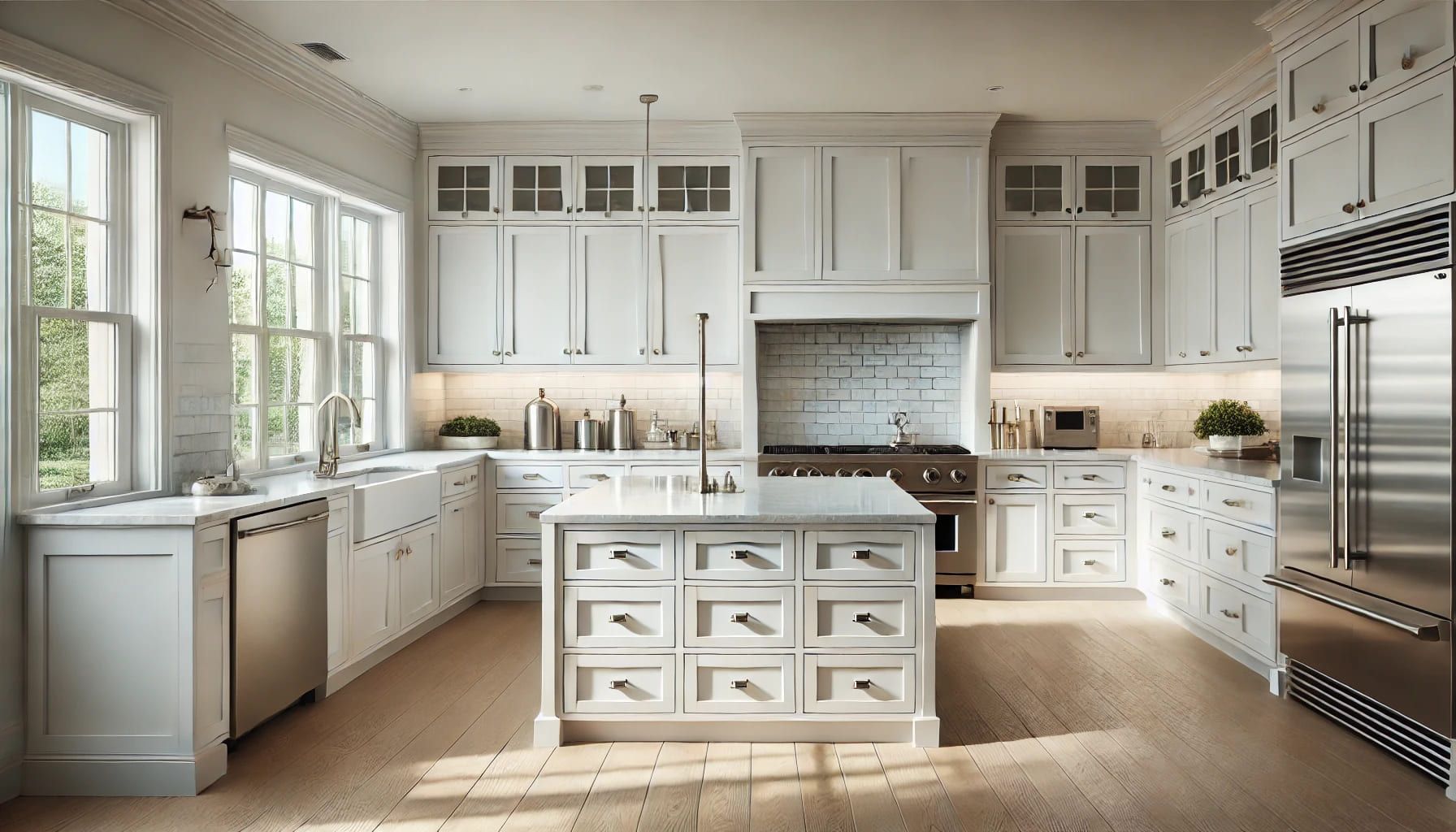 A kitchen with white cabinets , stainless steel appliances , and a large island. in Fairfax County VA