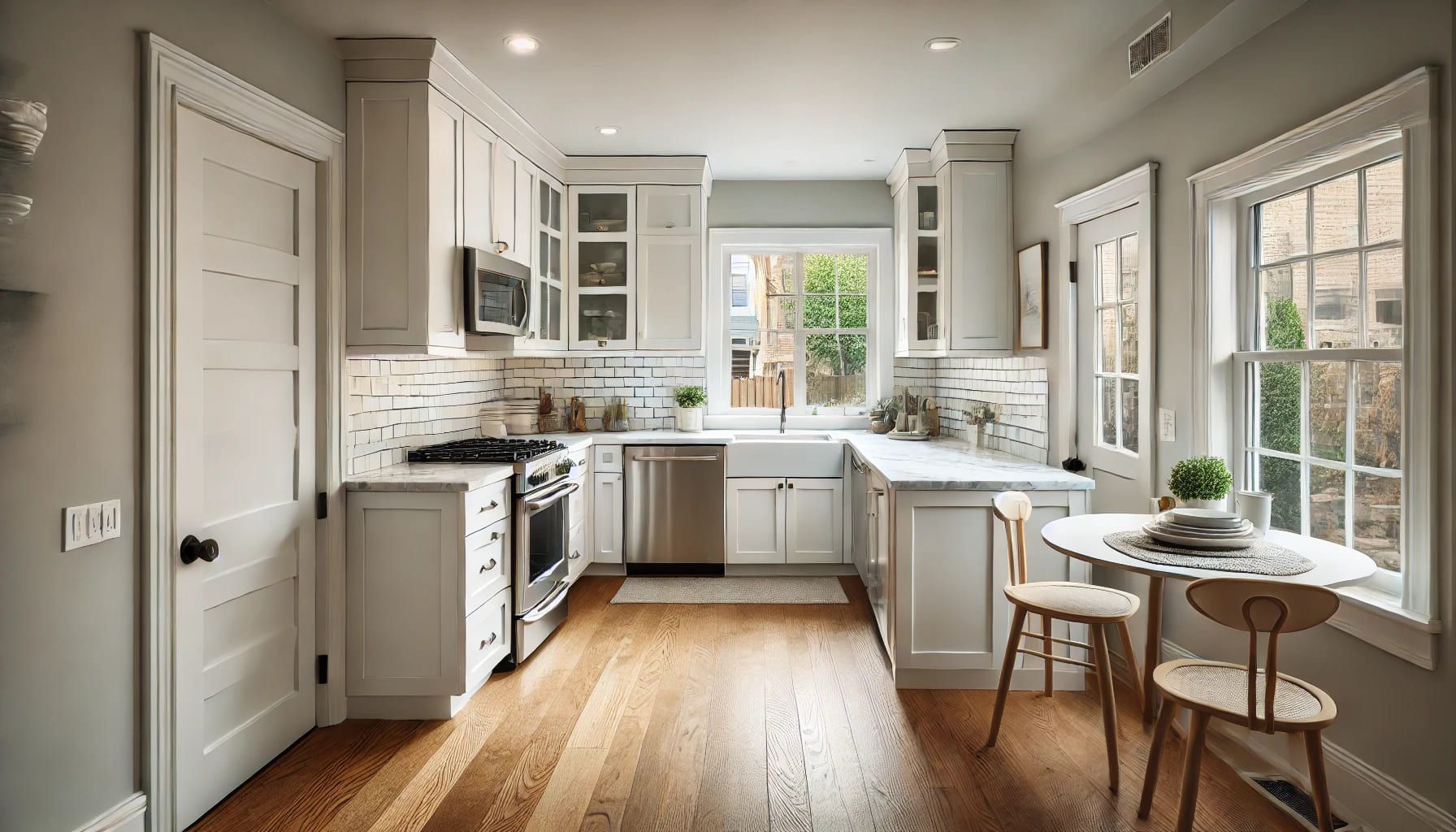 A kitchen with white cabinets and stainless steel appliances in northern va