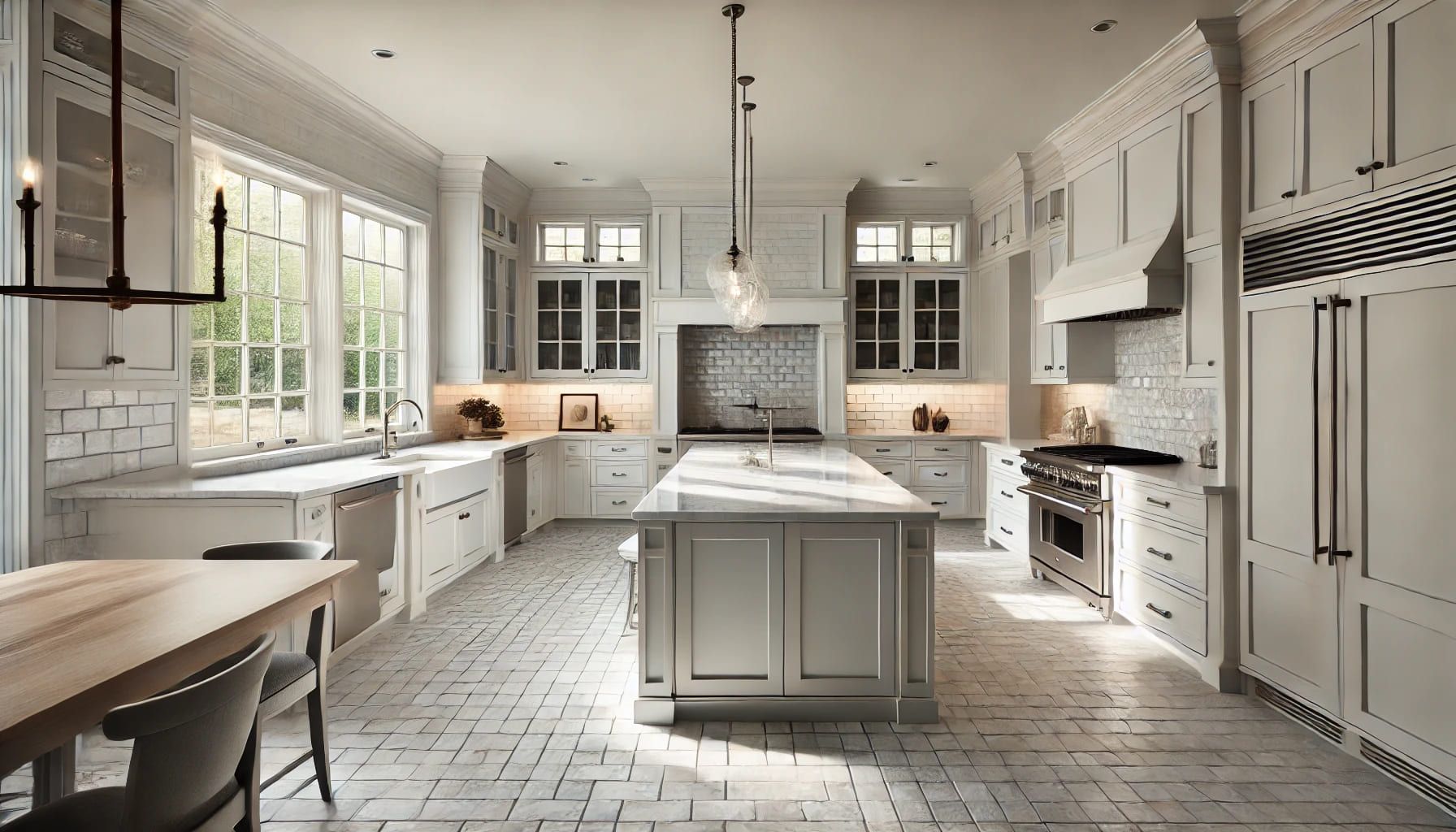 A kitchen with white cabinets and a large island in the middle in NoVA