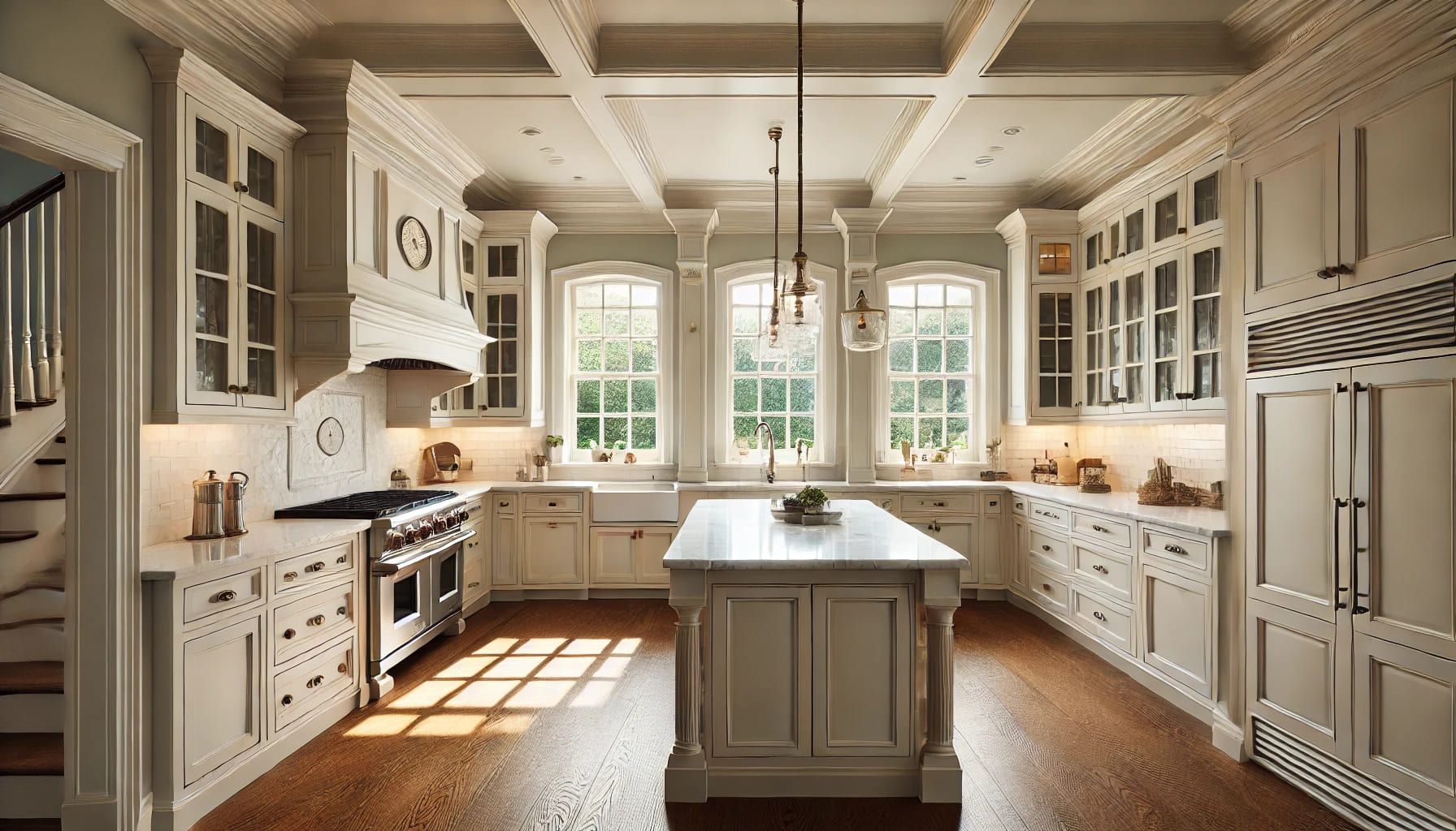 A kitchen with white cabinets and a large island in the middle in NoVA