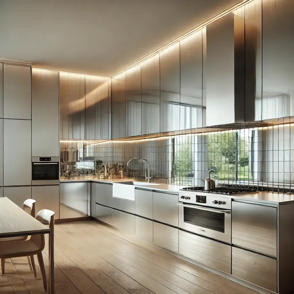 kitchen with reflective cabinets