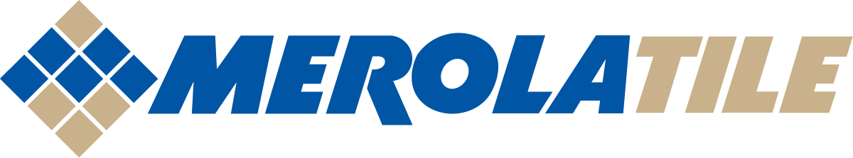 The logo for merola tile is blue and gold with a diamond in the middle.