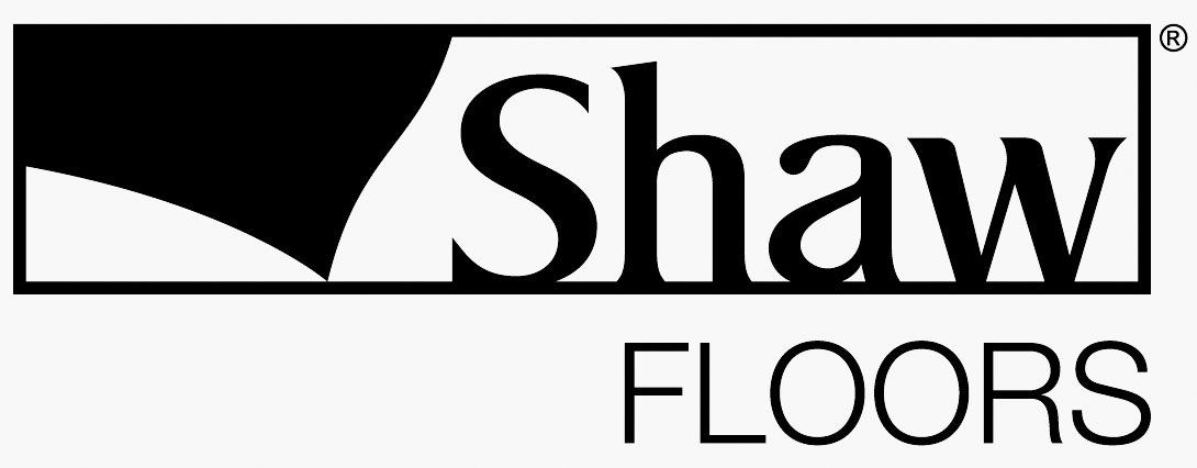 A black and white logo for shaw floors on a white background.