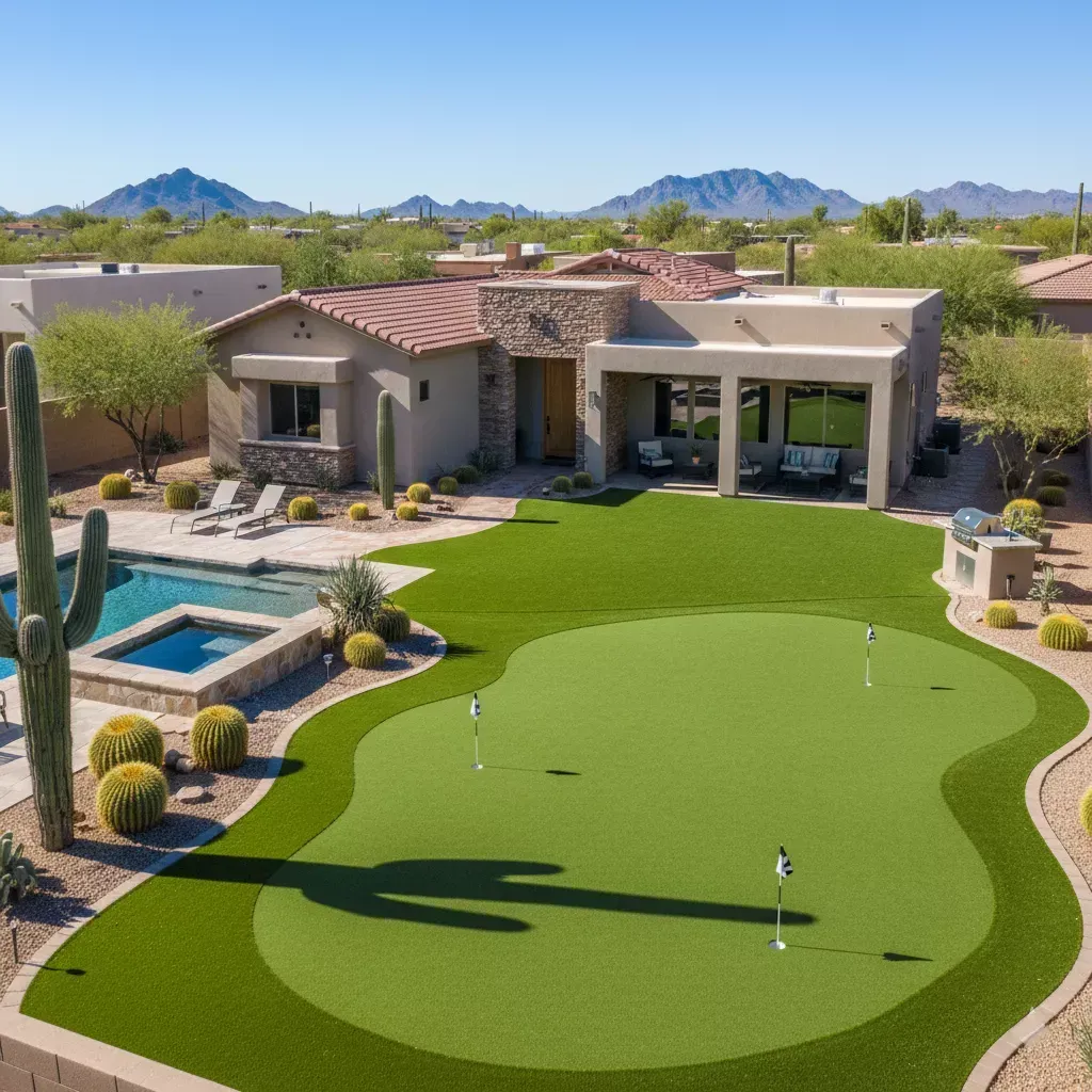 House with a putting green, pool, and desert landscaping under a blue sky.
