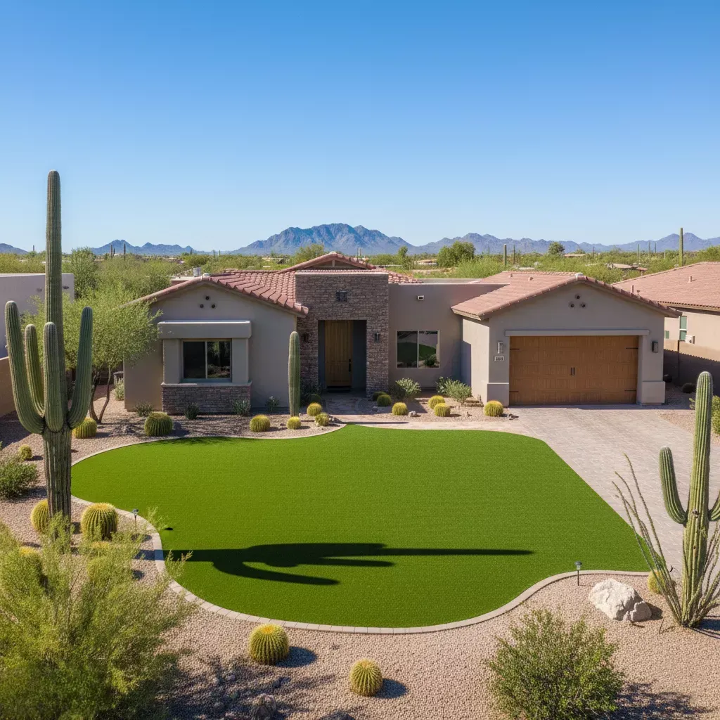 House with artificial grass, desert landscaping, and mountains in the background on a sunny day.
