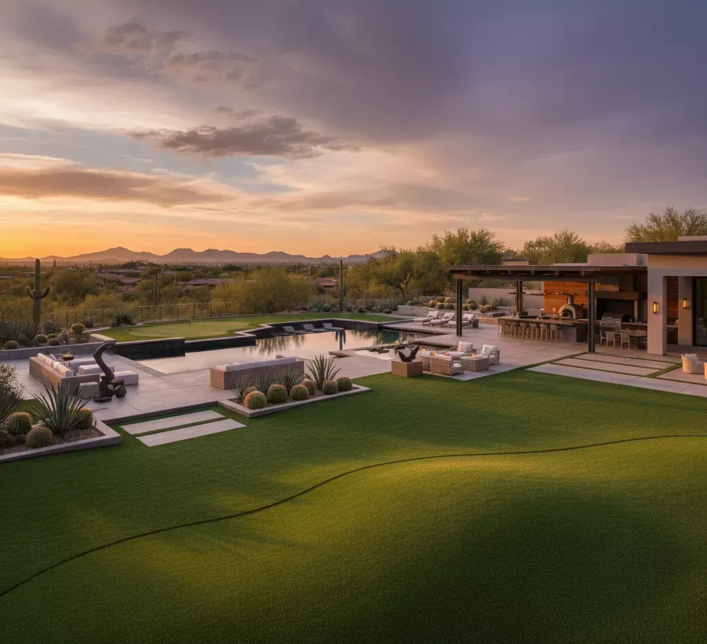 Sunset over luxury desert home with pool, patio, and artificial grass.