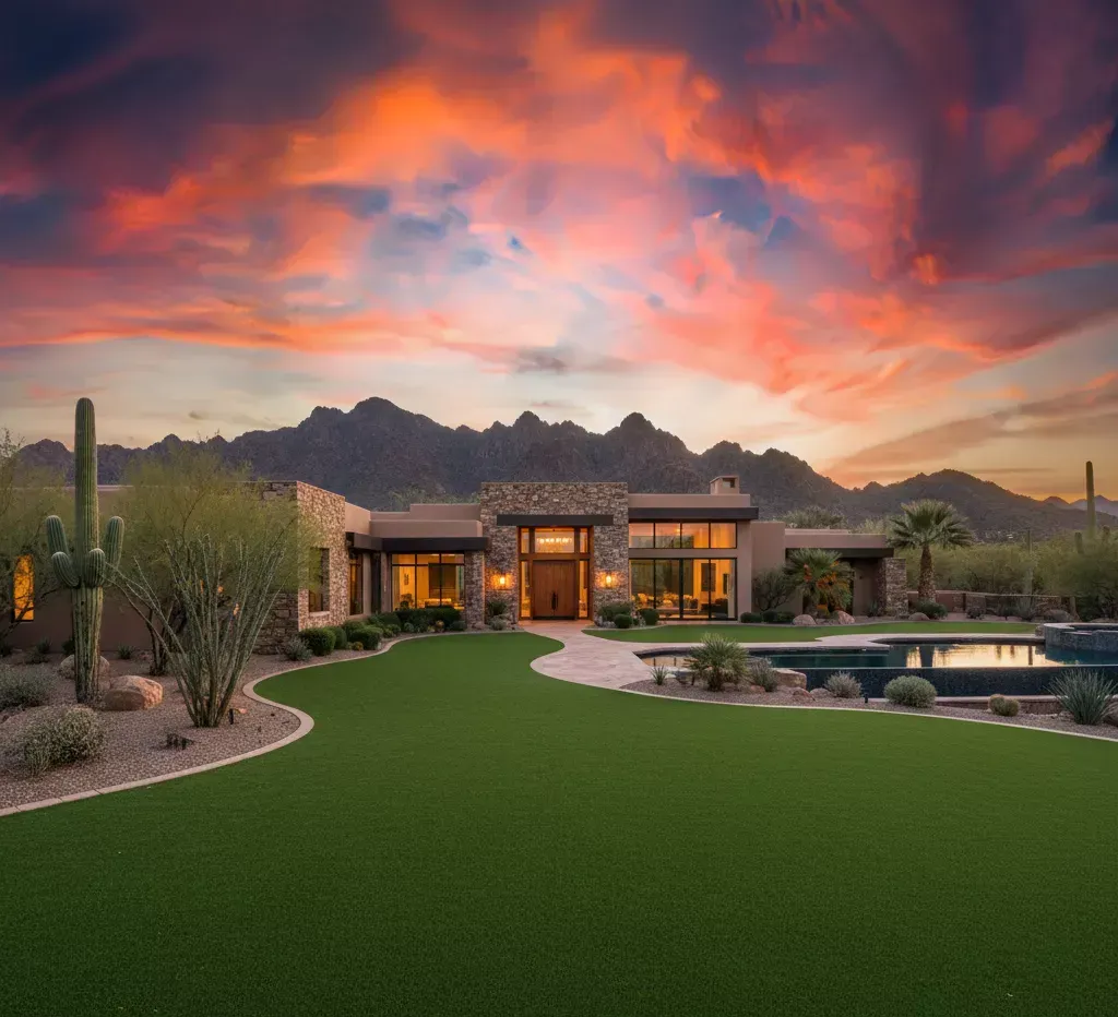 Professional artificial grass installation in Queen Creek AZ backyard with desert landscaping