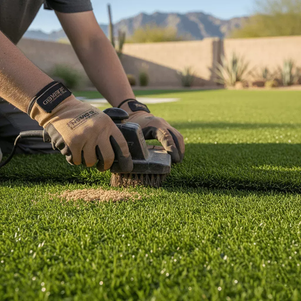 Professional installer working on artificial grass installation in Queen Creek