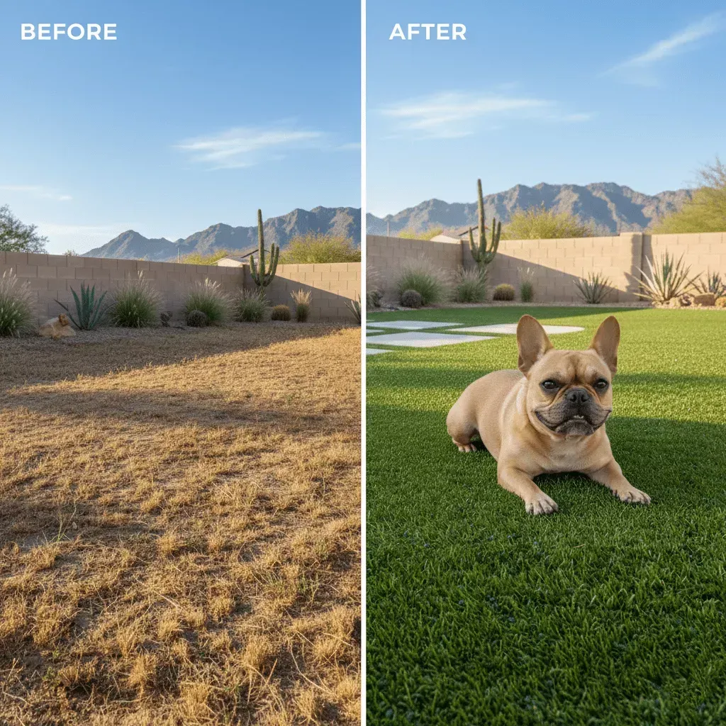 Before and after artificial grass installation Queen Creek AZ