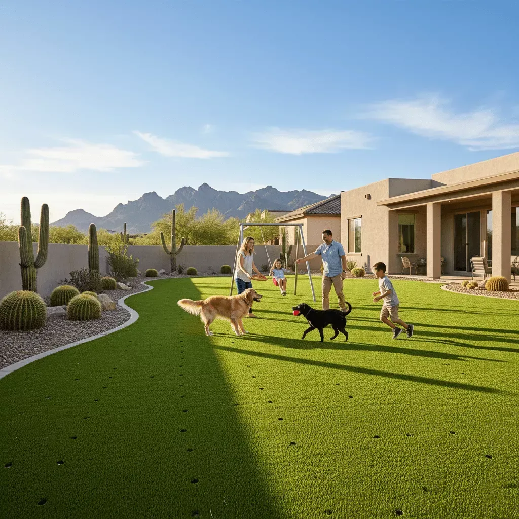 Family enjoying new artificial turf lawn in Queen Creek Arizona