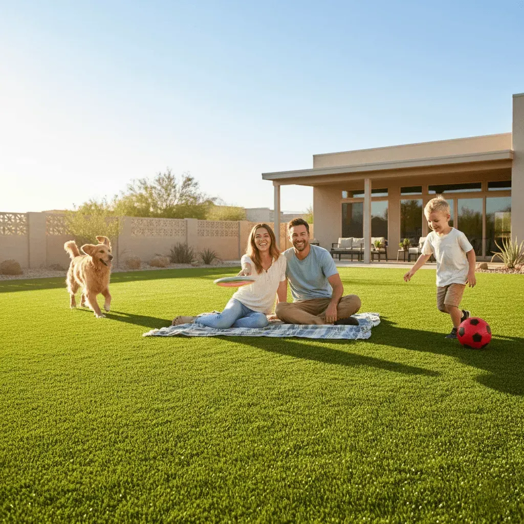 Family enjoying low-maintenance artificial grass backyard in Queen Creek Arizona