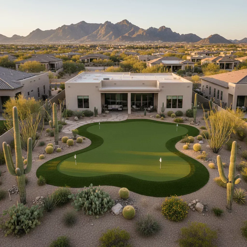 Custom artificial putting green installed in Queen Creek Arizona backyard