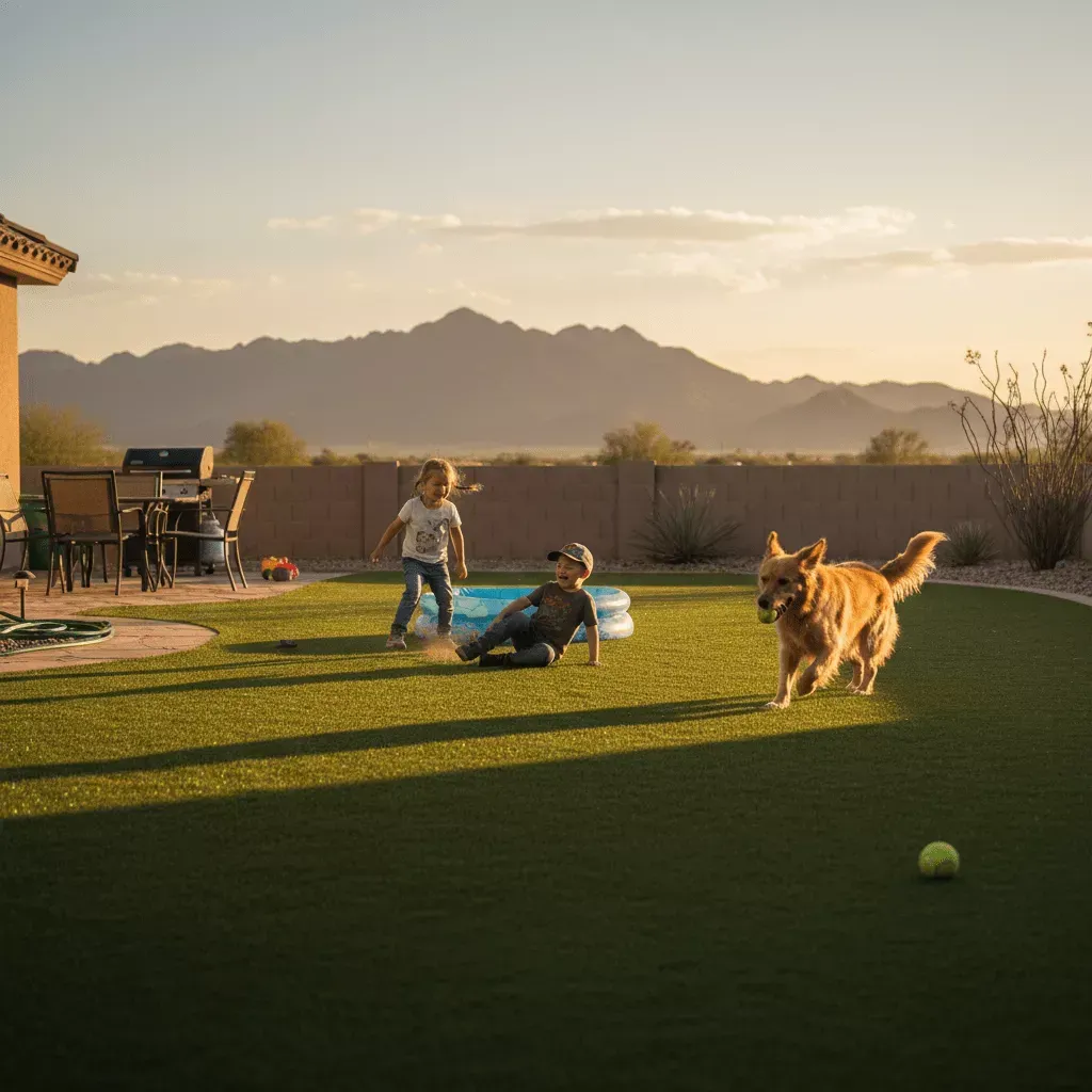 Queen Creek family and dog enjoying their artificial grass backyard with mountain views