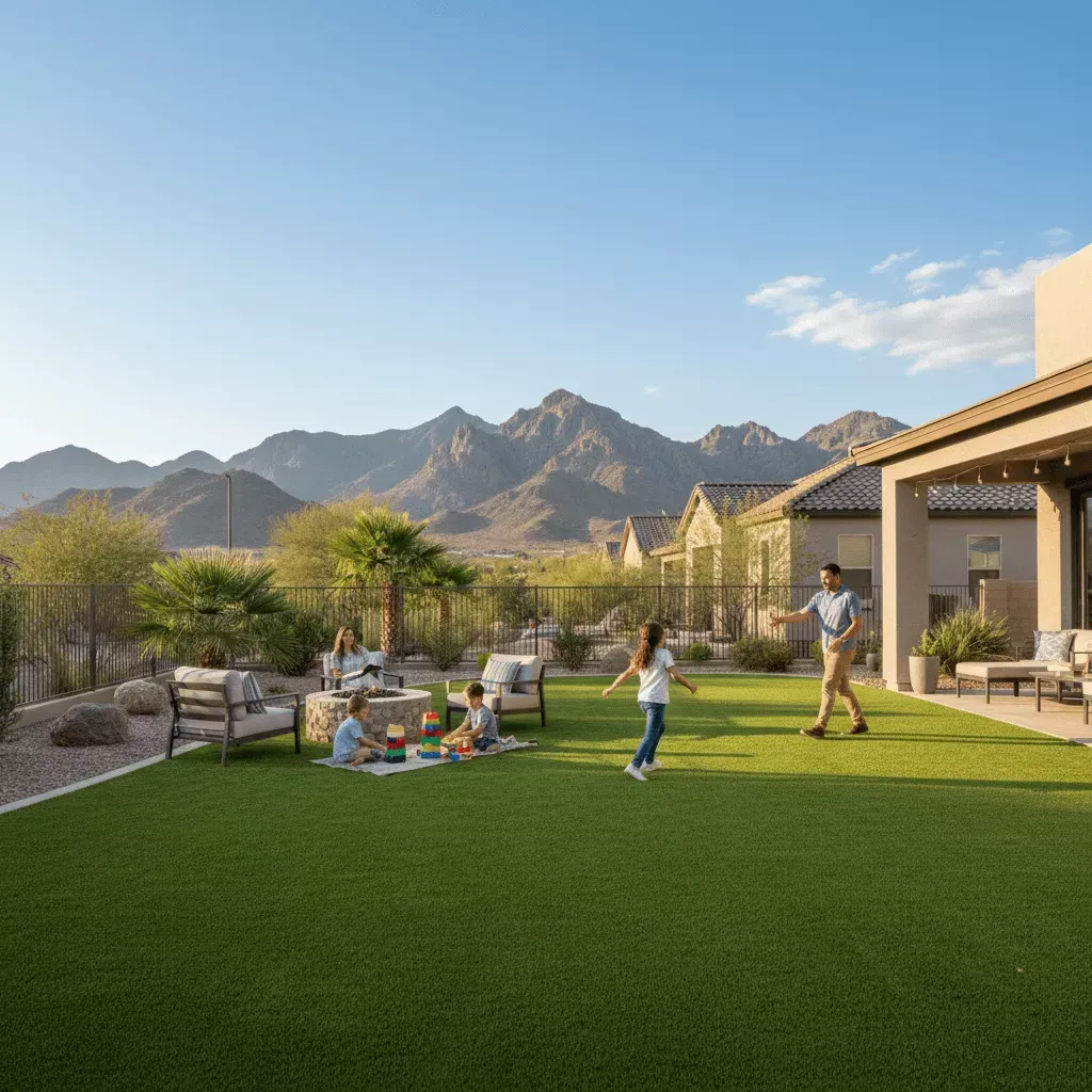 Completed artificial grass installation Queen Creek AZ happy family backyard
