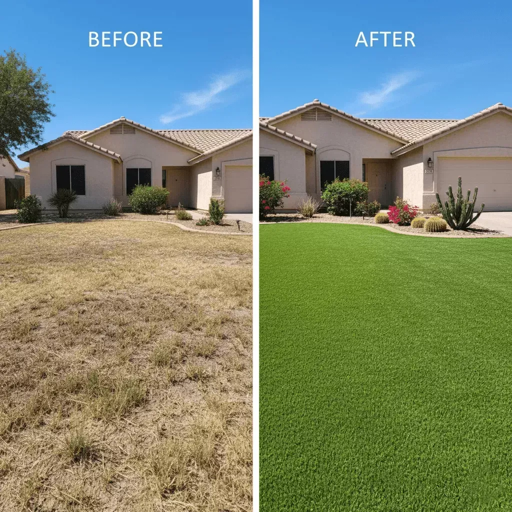 Queen Creek residential artificial grass lawn installation before and after