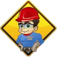Safety Sam cartoon character in a diamond-shaped yellow sign, wearing a red hard hat, safety glasses, and blue superhero suit.