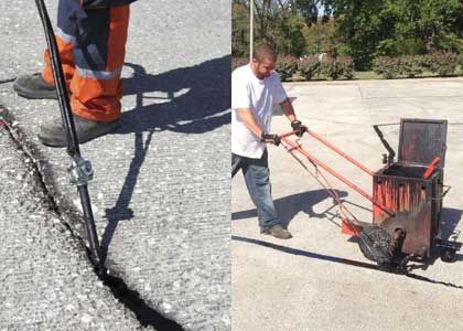 Two photos showing asphalt crack sealing. One close-up shows a person applying sealant. The other shows a worker using a machine.