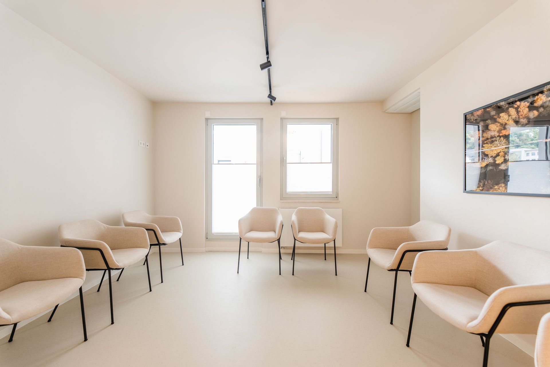 Das Wartezimmer. Designerstühle stehen an den Wänden