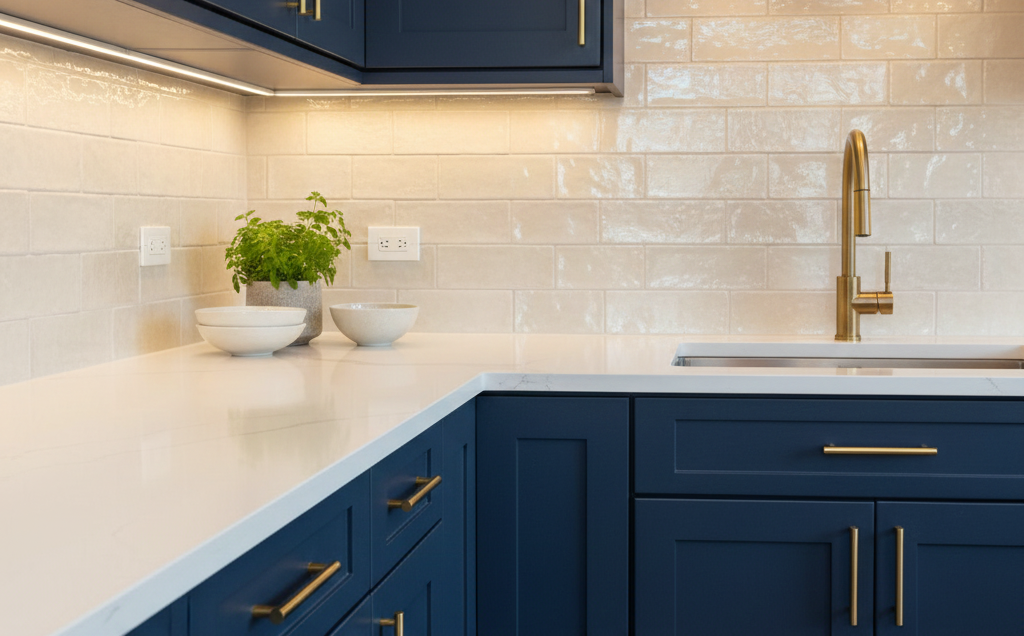 Navy blue kitchen cabinets with gold hardware, white countertop, and off-white tiled backsplash.