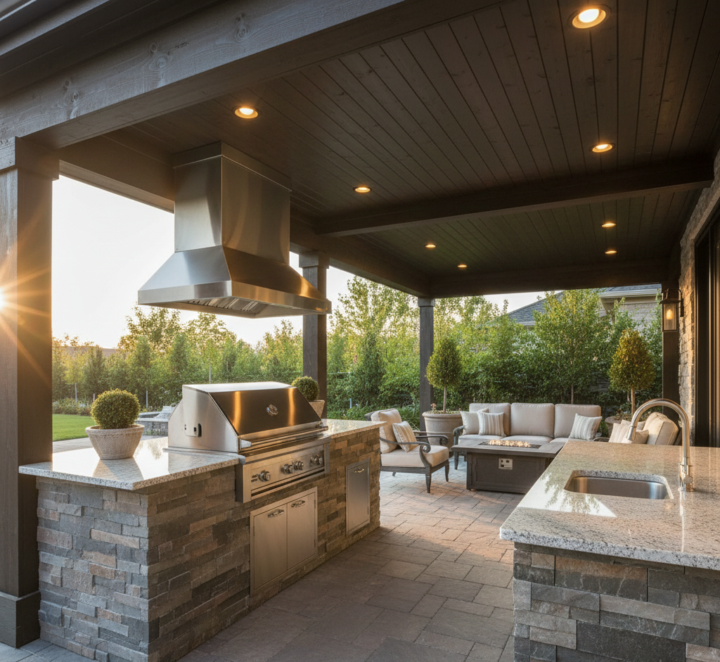 Outdoor kitchen with grill, hood, sink, stone countertops, and seating area under a dark wooden pergola.