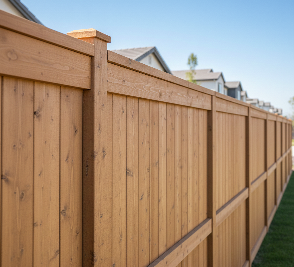 Wooden privacy fence in a residential area, with brown boards against a blue sky.