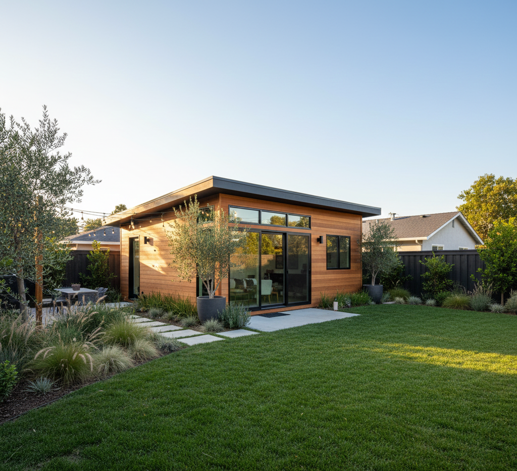 Modern wood-clad backyard studio with large windows, set on a green lawn with landscaping.