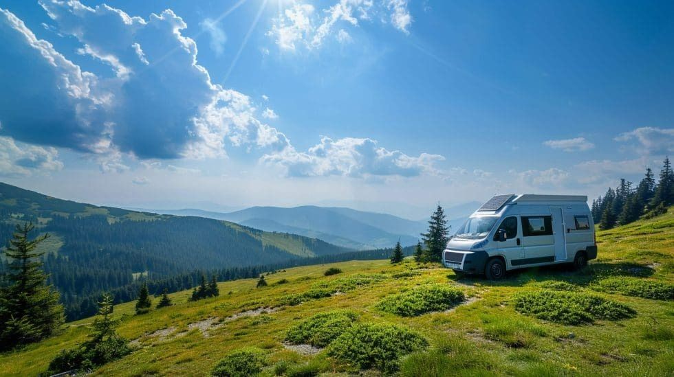 A white rv is parked on top of a grassy hill in the mountains.