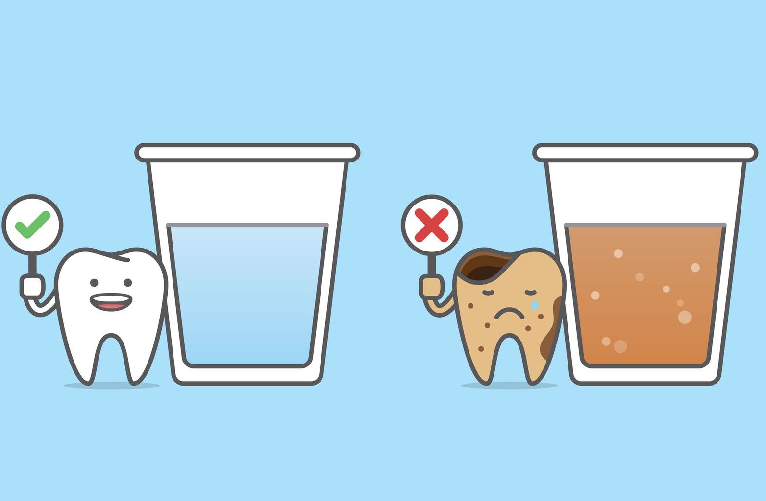 A tooth is holding a sign next to a cup of water.