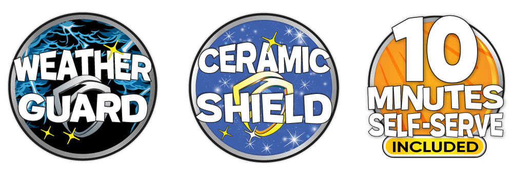 icons for weather guard, ceramic shield and 10 minutes self-serve included