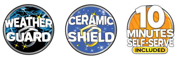 icons for weather guard, ceramic shield and 10 minutes self-serve included