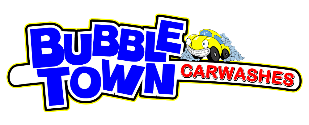 The logo for bubble town carwashes has a yellow car on it.