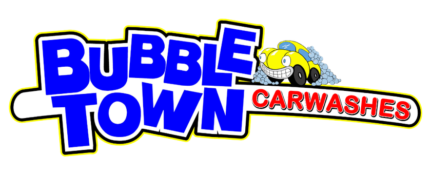 The logo for bubble town carwashes has a yellow car on it.