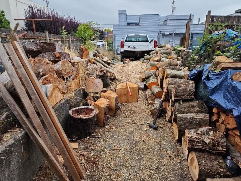 Log pile and wood debris in a yard; a white truck is visible.