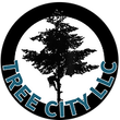 Logo for Tree City LLC: silhouette of a tree with a climber inside a black circle with blue text.