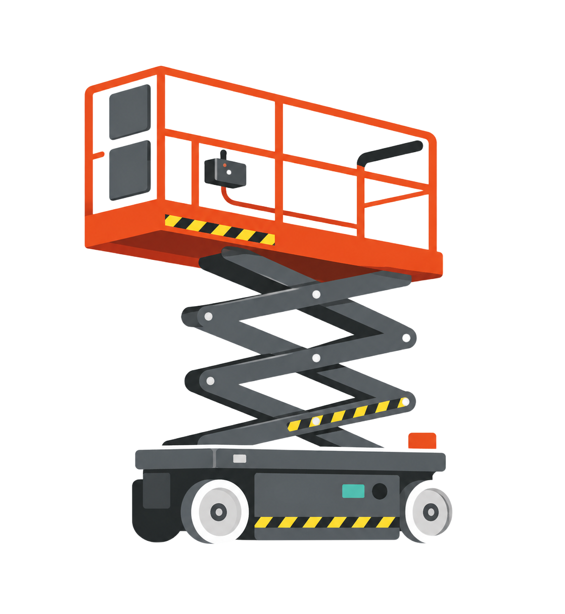Plateforme élévatrice à ciseaux orange avec base noire et plateforme surélevée.
