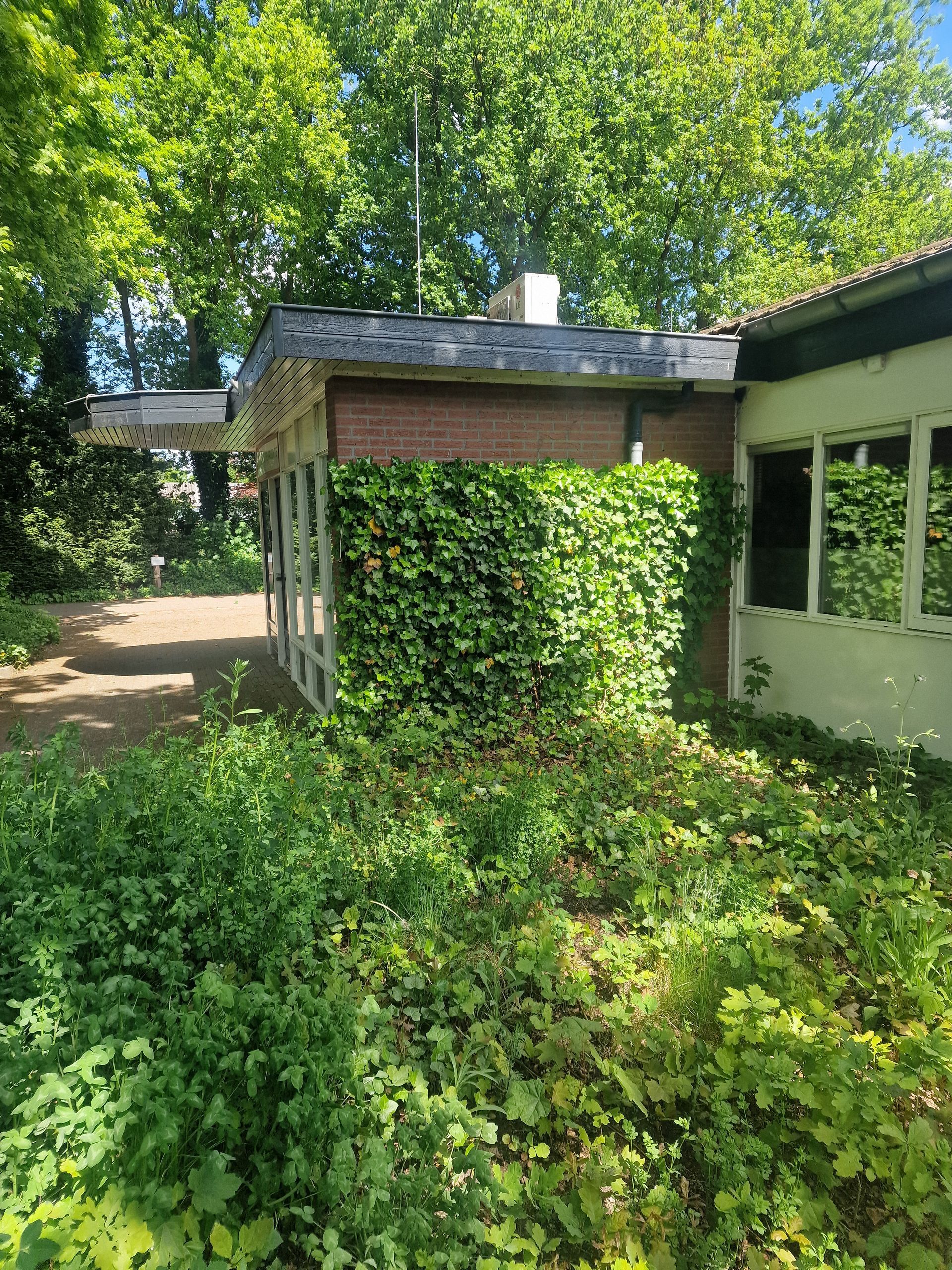 Een huis met veel planten eromheen en bomen op de achtergrond. Dagbesteding Samen102