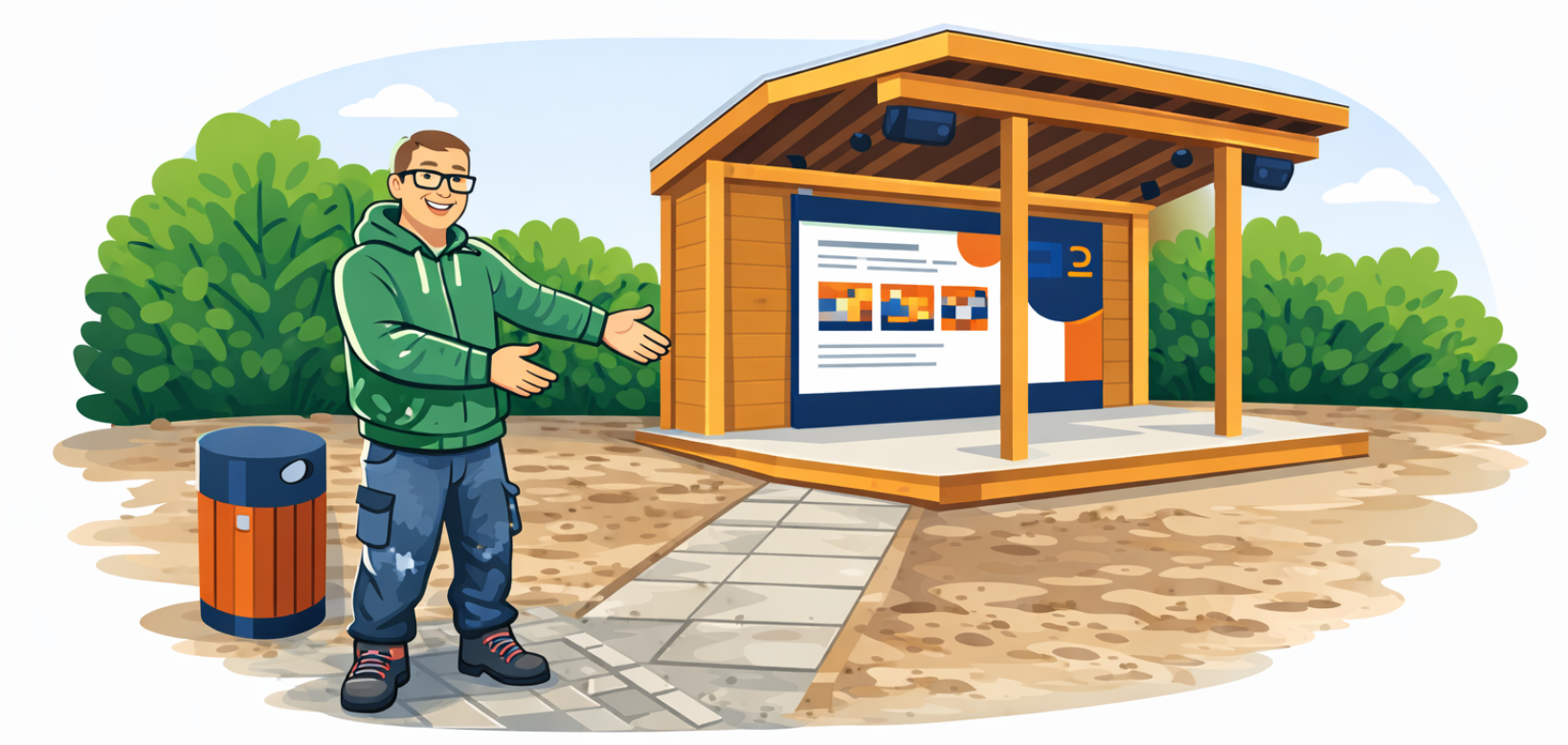 Een man wijst naar een houten constructie met een beeldscherm, die in een park staat.