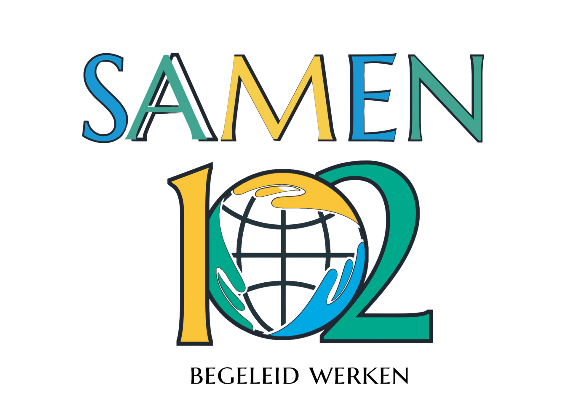 Een logo voor samen 102 met een wereldbol en wijzers