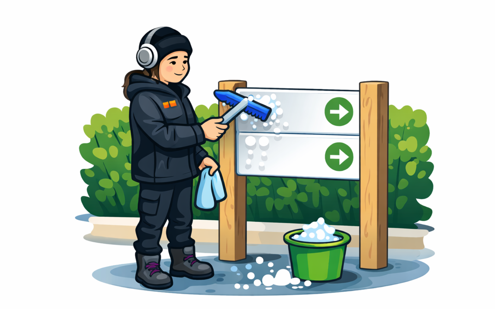 Iemand maakt buiten een reclamebord schoon met een raamwisser en een emmer sopwater.