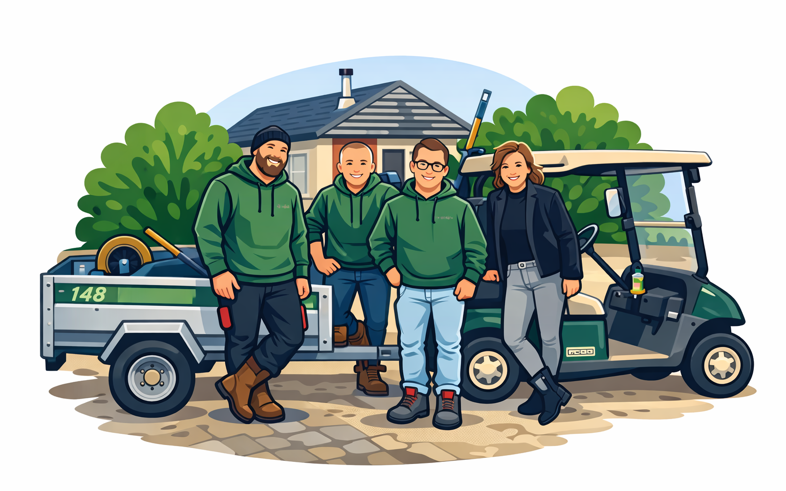 Vier mensen in groene hoodies poseren bij een kar vol gereedschap, met een huis en groen op de achtergrond.