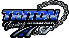 Logo for Triton Towing & Recovery: blue and white text with a chain and tow hook over a stylized road.