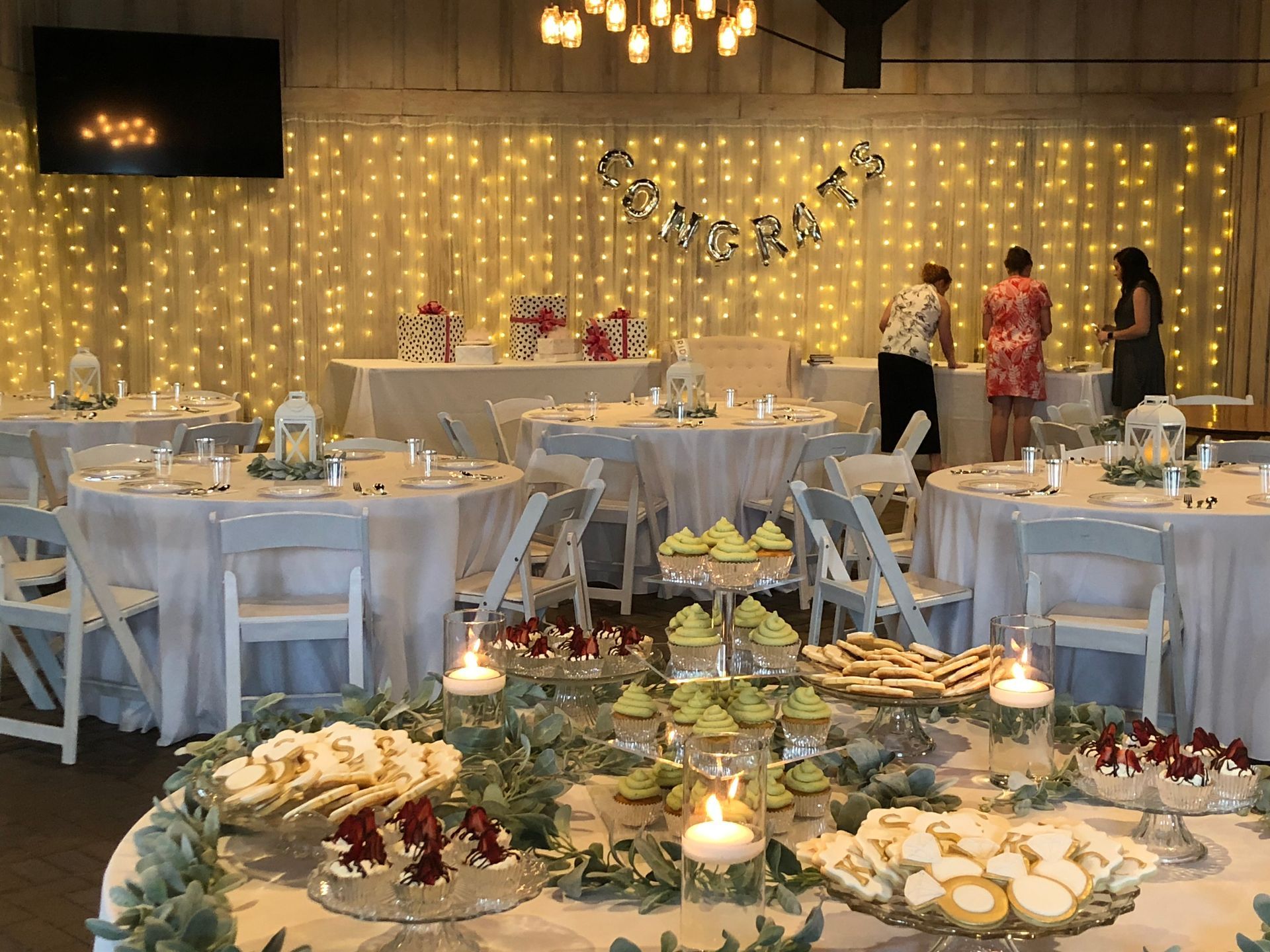 wall string lights at wedding reception