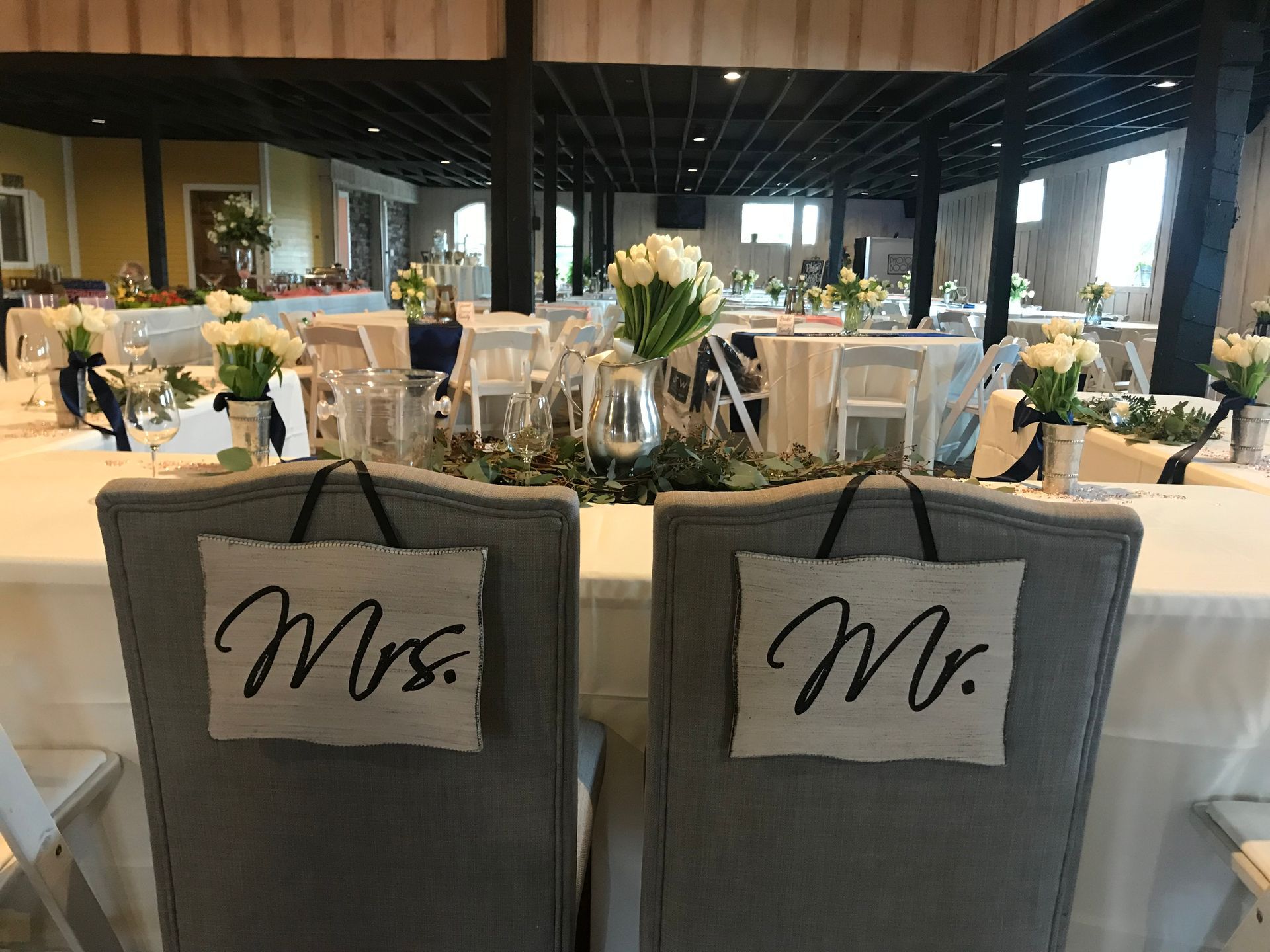mr. and mrs. signs on wedding reception chairs